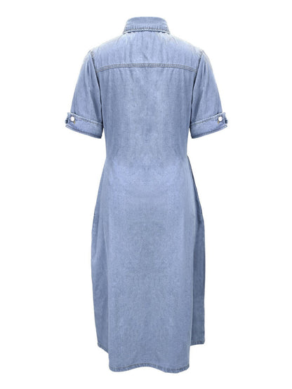 gbolsos  A-Line Flap Pockets Denim Dress, Rolled Sleeve Button Up V Neck Dress, Casual Lapel Denim Long Dress, Women's Denim Dress & Clothing