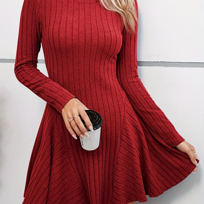 gbolsos  Rib Knit Long Sleeve Flare Dress, Casual Crew Neck Dress For Spring & Summer, Women's Clothing