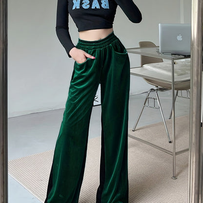 Velvet High Waist Pants, Casual Elastic Wide Leg Draped Pants With Pockets, Women's Clothing