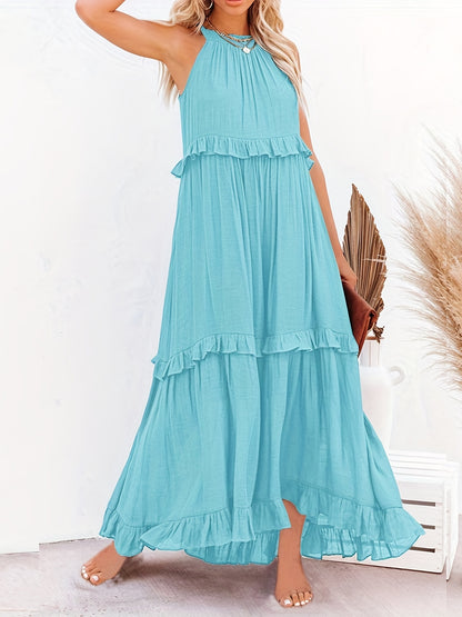 gbolsos  Tiered Ankle Tank Dress, Casual Backless Halter Neck Dress For Summer, Women's Clothing