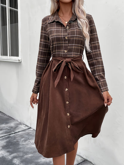 gbolsos Plaid Print Button Front Splicing Dress, Elegant Long Sleeve Dress, Women's Clothing