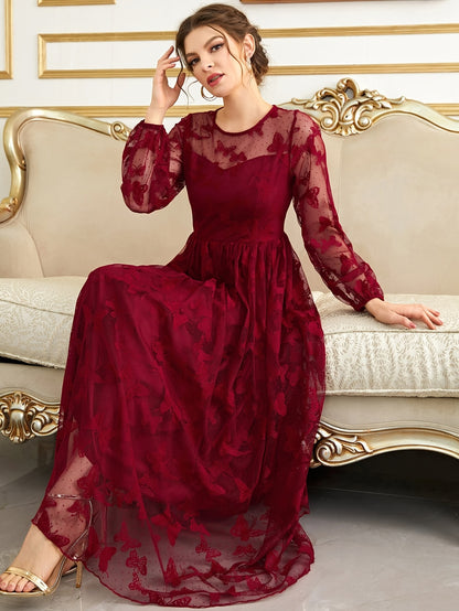 gbolsos  Contrast Lace Crew Neck A-line Dress, Elegant Long Sleeve Dress For Party & Banquet, Women's Clothing
