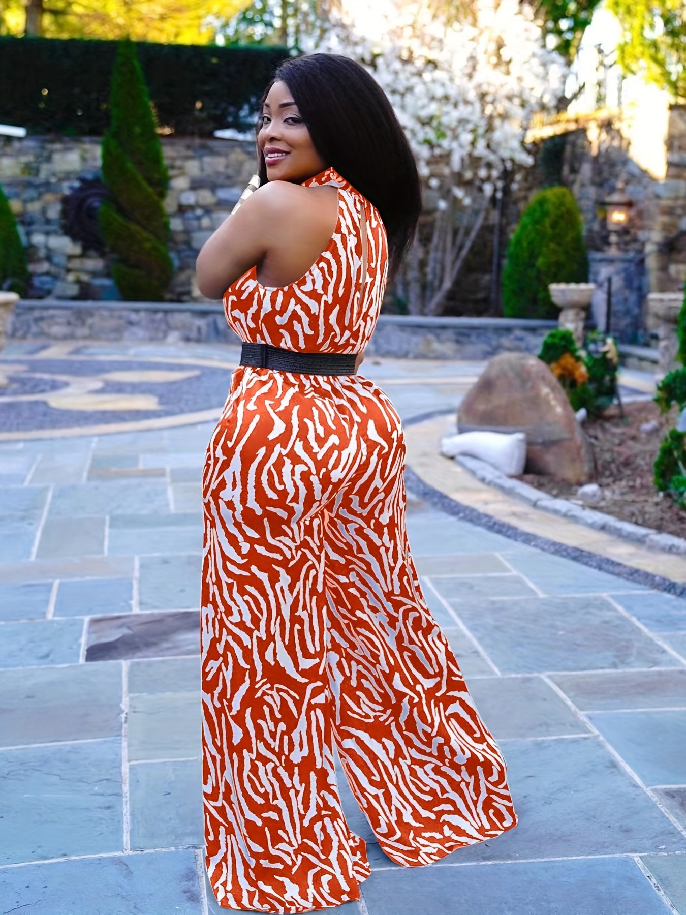 gbolsos  Zebra Striped Wide Leg Jumpsuit, Sexy Sleeveless Jumpsuit For Spring & Summer, Women's Clothing