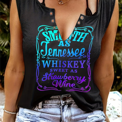 gbolsos  Whiskey Letter Print T-Shirt, Sleeveless Casual Every Day Top For Spring & Summer, Women's Clothing
