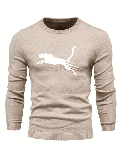 gbolsos  All Match Knitted Sweater, Leopard Pattern Men's Casual Warm Mid Stretch Crew Neck Pullover Sweater For Men Fall Winter