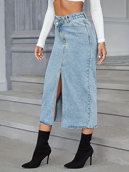 Blue Raw Cut Denim Skirt, Asymmetrical Waist Slant Pockets Washed Denim Midi Skirt, Women's Denim Clothing