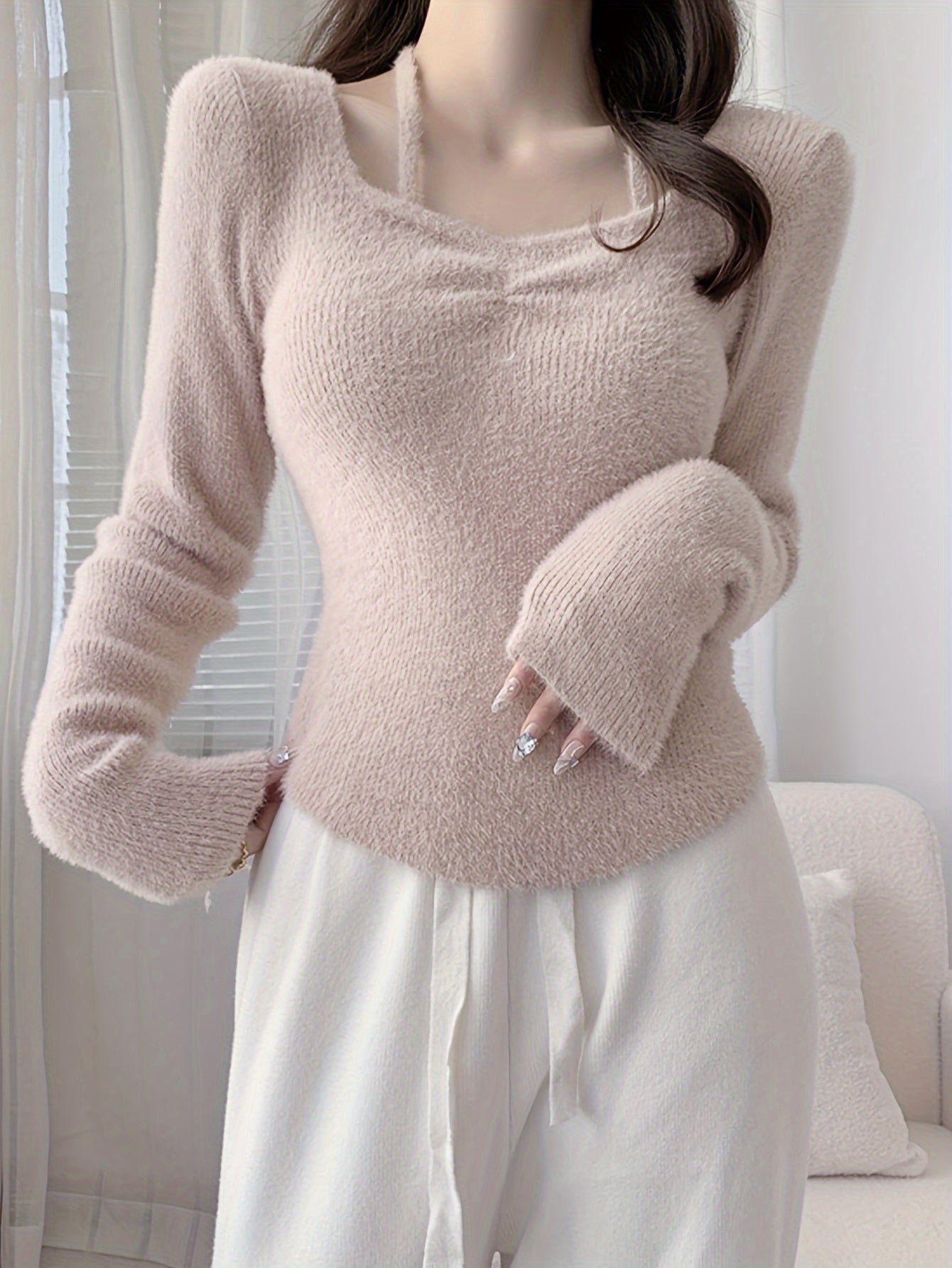 gbolsos  Solid Slim Halter Pullover Sweater, Casual Long Sleeve Cozy Sweater For Spring & Fall, Women's Clothing