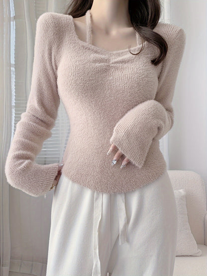 gbolsos  Solid Slim Halter Pullover Sweater, Casual Long Sleeve Cozy Sweater For Spring & Fall, Women's Clothing