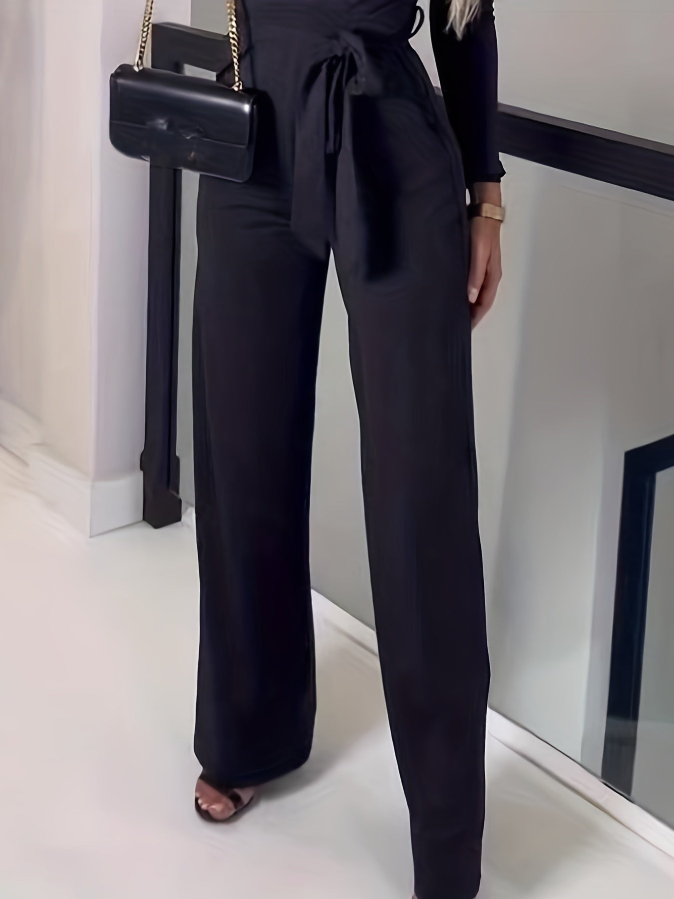 gbolsos  Wide Leg Belted Jumpsuit, Sexy Long Sleeve V Neck Jumpsuit, Women's Clothing