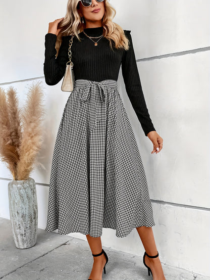 gbolsos  Houndstooth Print Splicing Dress, Elegant Mock Neck Long Sleeve Dress, Women's Clothing