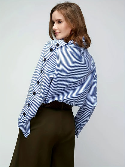 gbolsos  Stripe Print Button Decor Blouse, Casual Long Sleeve Blouse For Spring & Fall, Women's Clothing