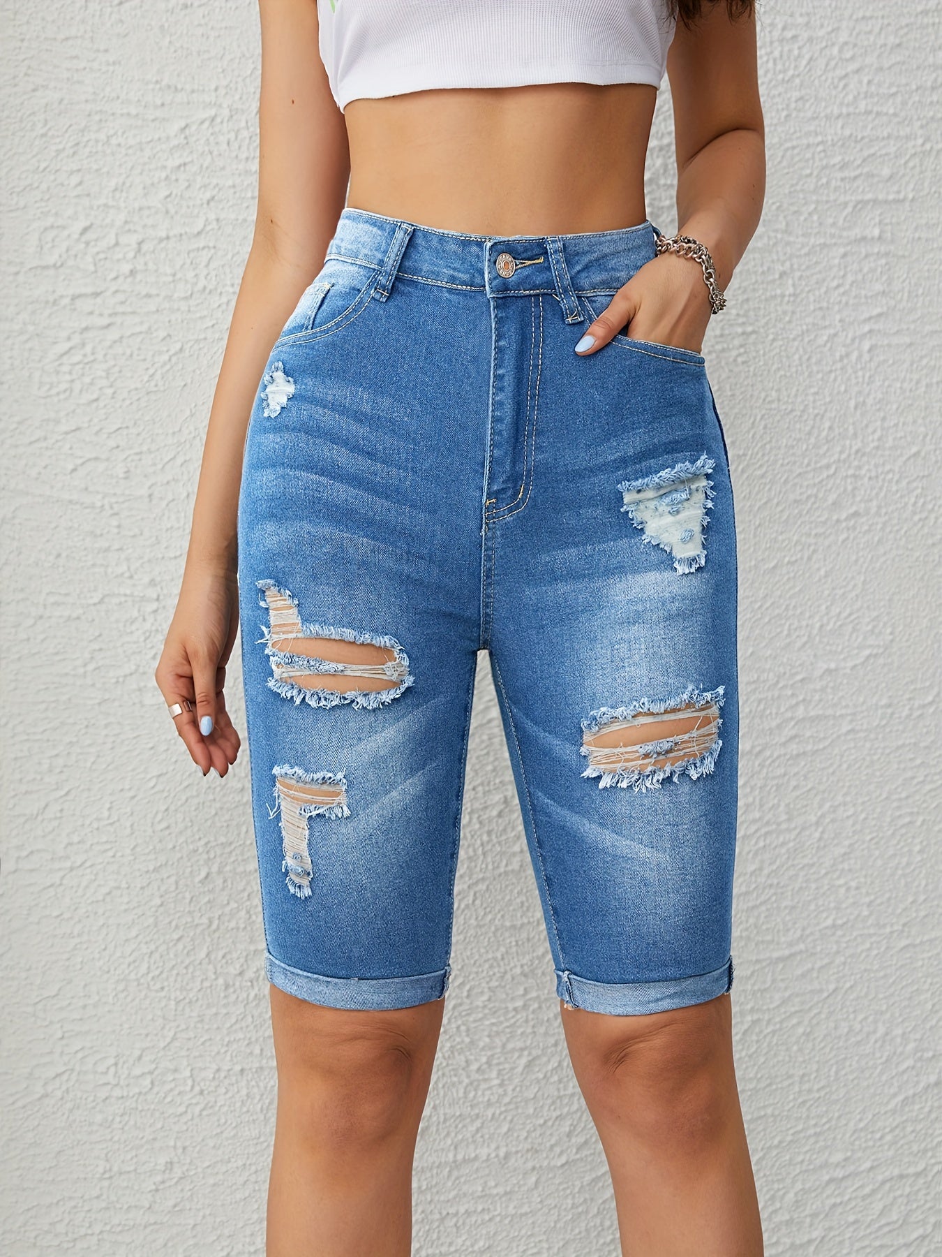 gbolsosRoll Up Hem Bermuda Denim Shorts, Slim Fit Slash Pockets Ripped Holes Denim Jorts, Women's Denim Jeans & Clothing