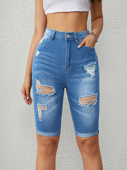 gbolsosRoll Up Hem Bermuda Denim Shorts, Slim Fit Slash Pockets Ripped Holes Denim Jorts, Women's Denim Jeans & Clothing