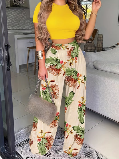 2025 gbolsos  Boho Summer Two Pieces Set, Cropped Solid Short Sleeve T-shirt & High Waist Floral Print Wide Leg Pants Outfits, Women's Clothing