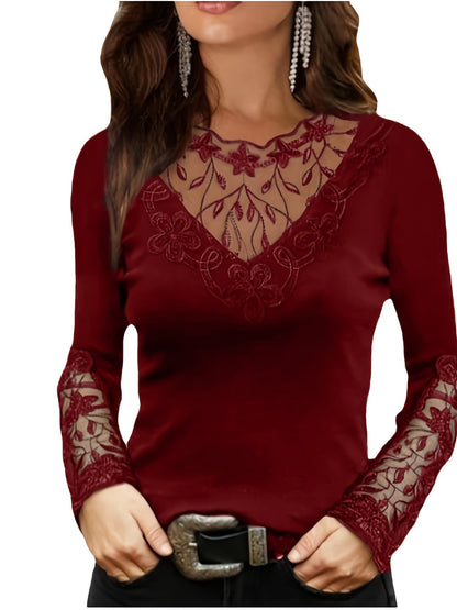 Contrast Lace T-shirt, Elegant Crew Neck Long Sleeve T-Shirt For Spring & Fall, Women's Clothing