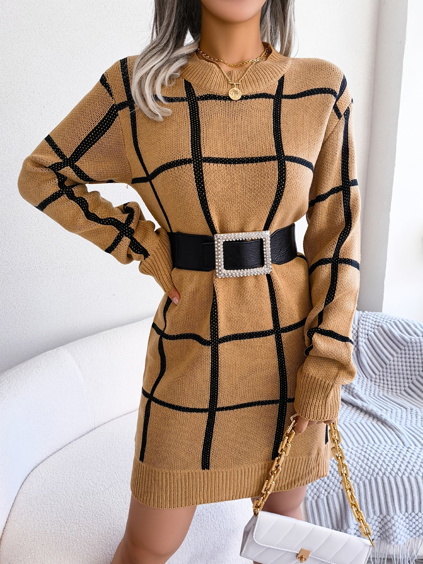 2025 gbolsos  Color Block Plaid Round Neck Long Sleeve Sweater Dress, Bag Hip Casual Bodycon Loose Dress, Women's Clothing