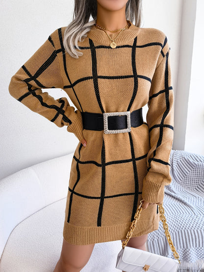 2025 gbolsos  Color Block Plaid Round Neck Long Sleeve Sweater Dress, Bag Hip Casual Bodycon Loose Dress, Women's Clothing