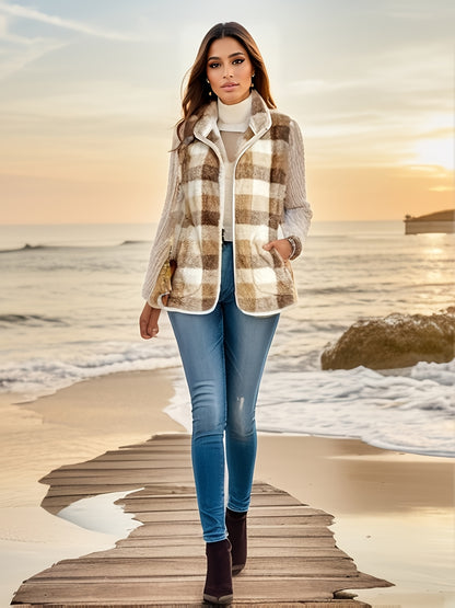 gbolsos  Plaid Pattern Zip Up Vest, Casual Sleeveless Versatile Vest, Women's Clothing