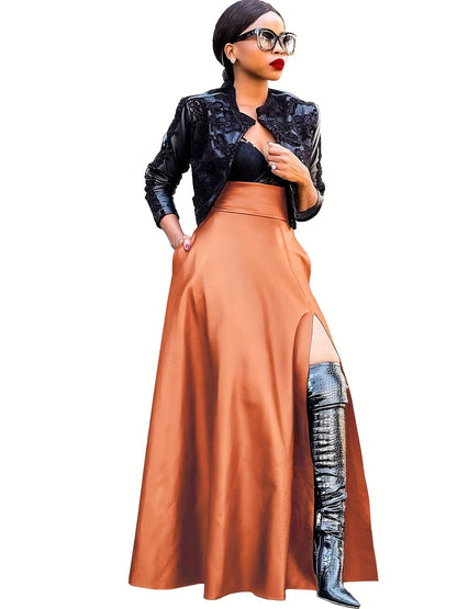 High Waist PU Leather Skirt, Sexy Side Slit Casual Skirt For Spring & Summer, Women's Clothing