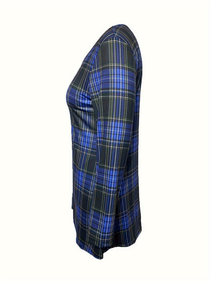 gbolsos  Plaid Print V Neck Dress, Casual Long Sleeve Dress With Pockets, Women's Clothing
