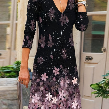 gbolsos Floral Print Round Neck Dress, Casual Long Sleeve Dress For Spring & Summer, Women's Clothing