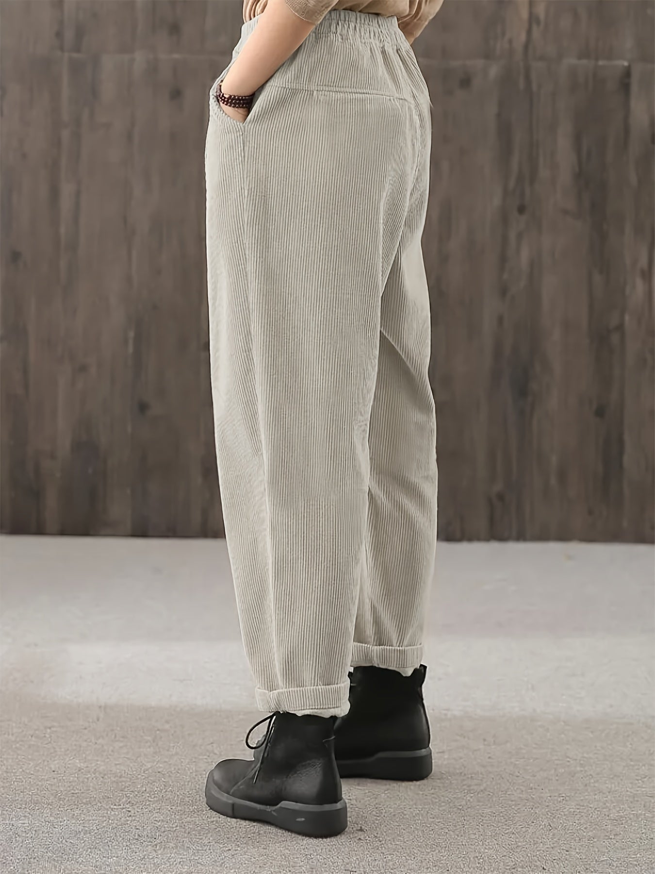 gbolsos  Solid Color Tapered Pants, Casual Elastic Waist Slant Pockets Loose Pants, Women's Clothing