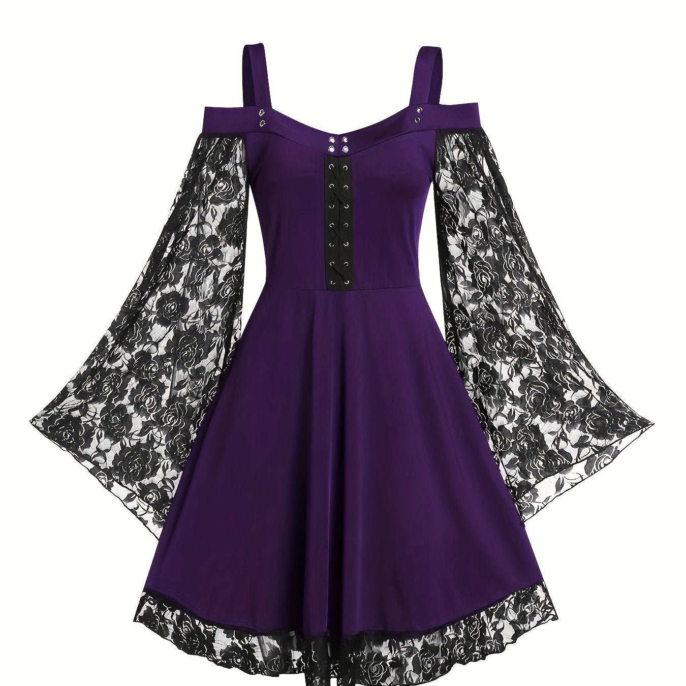Solid Contrast Lace Dress, Gothic Drawstring Solid Mini Dress, Women's Clothing
