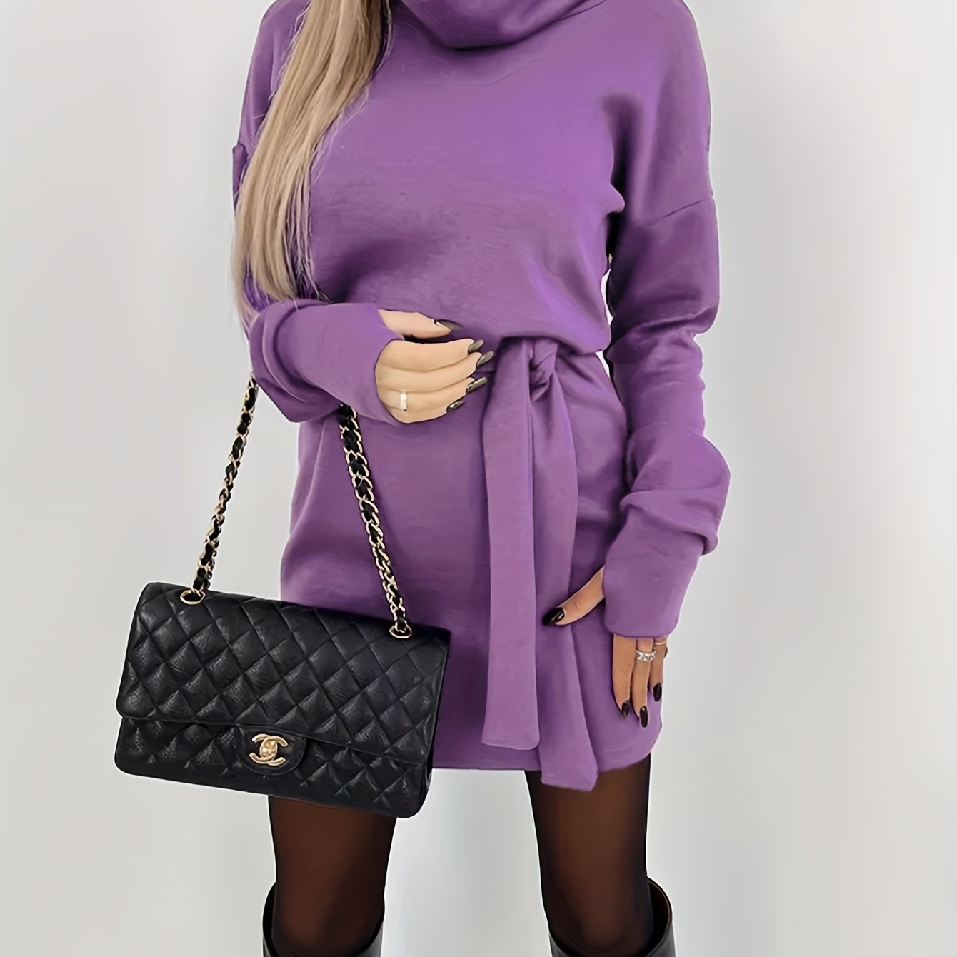 Turtleneck Solid Dress, Casual Long Sleeve Drop Shoulder Dress, Women's Clothing