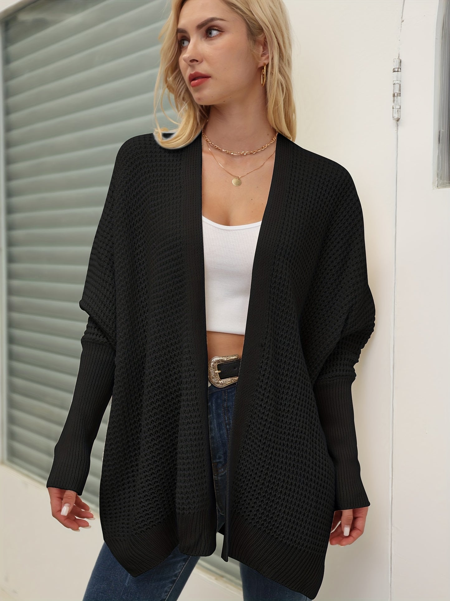 gbolsos  Solid Simple Knit Cardigan, Casual Long Sleeve Open Front Sweater, Women's Clothing