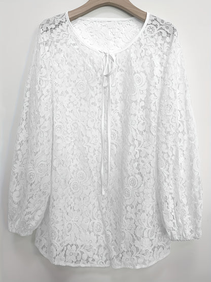 Solid Contrast Lace Blouse, Elegant Tie Front Long Sleeve Blouse, Women's Clothing