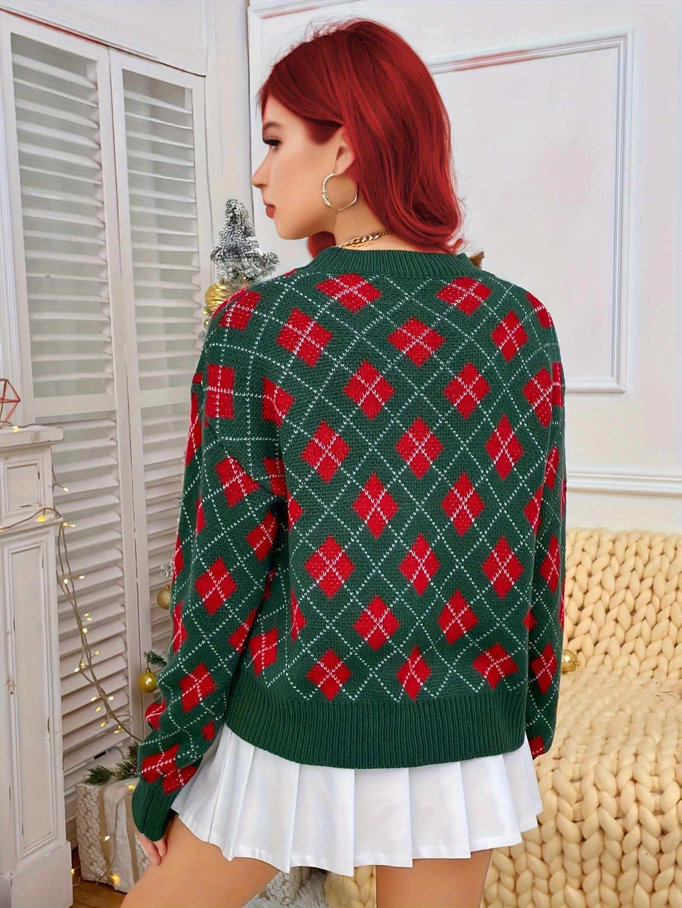 gbolsos  Christmas Pattern Crew Neck Pullover Sweater, Casual Long Sleeve Drop Shoulder Sweater, Women's Clothing