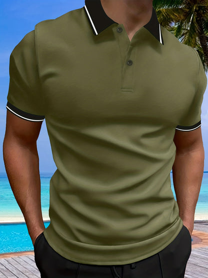 Casual V Neck Graphic Button Up Polo Shirts, Short Sleeves Comfortable Pullover Tops, Men's Summer Clothing