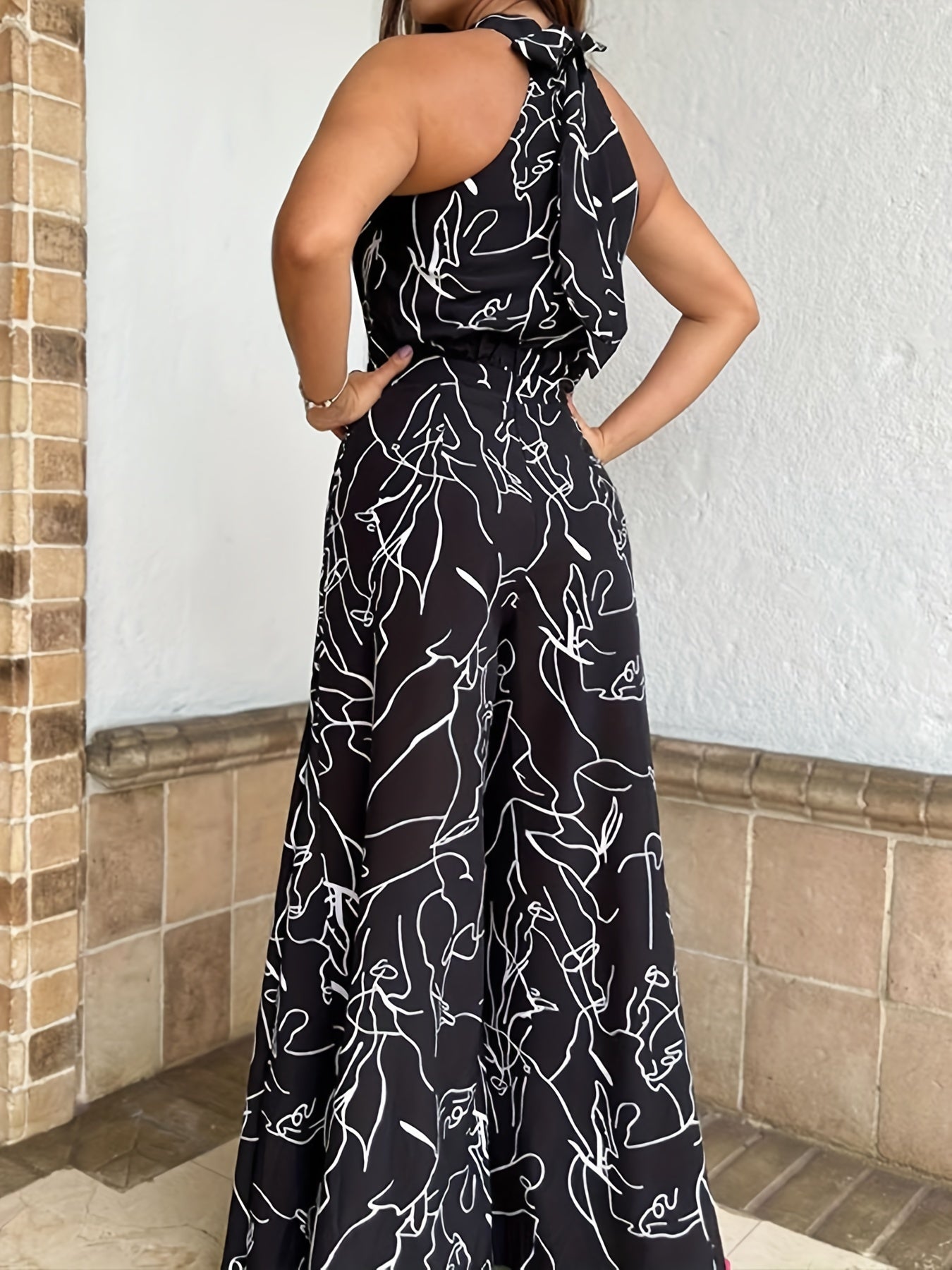 gbolsos  Abstract Print Wide Leg Jumpsuit, Elegant Sleeveless Jumpsuit For Spring & Summer, Women's Clothing