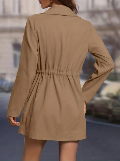 gbolsos  Drawstring Lapel Coat, Elegant Solid Long Sleeve Outerwear, Women's Clothing