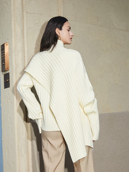 gbolsos  Turtleneck Irregular Shawl Sweater, Casual Long Sleeve Loose Fall Winter Shawl Knit Sweater, Women's Clothing