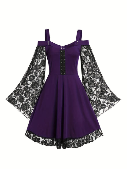 Solid Contrast Lace Dress, Gothic Drawstring Solid Mini Dress, Women's Clothing