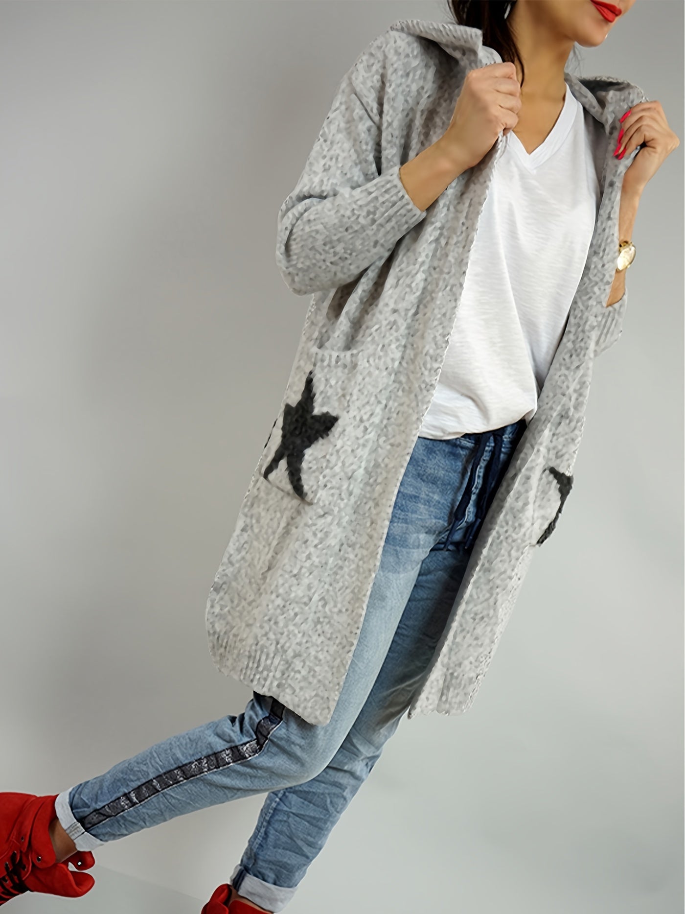 2025 gbolsos  Star & Peace Pattern Open Front Hooded Cardigan, Casual Long Sleeve Pocket Sweater Coat, Women's Clothing
