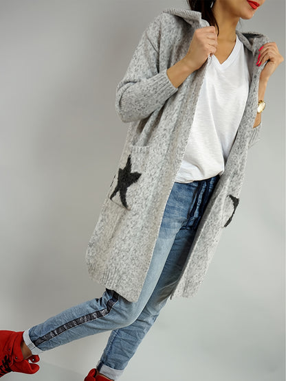2025 gbolsos  Star & Peace Pattern Open Front Hooded Cardigan, Casual Long Sleeve Pocket Sweater Coat, Women's Clothing