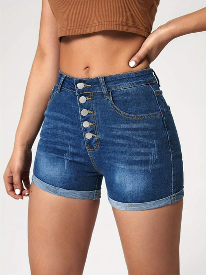 2025 gbolsos  Single-breasted Roll Hem High Strech Shorts, Water Ripple Embossed Crotch High Waist Slash Pocket Denim Pants, Women's Denim Jeans & Clothing