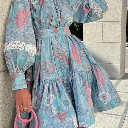 gbolsos  Floral Print Button Front Dress, Elegant Pleated Long Sleeve High Collar Summer Dress, Women's Clothing