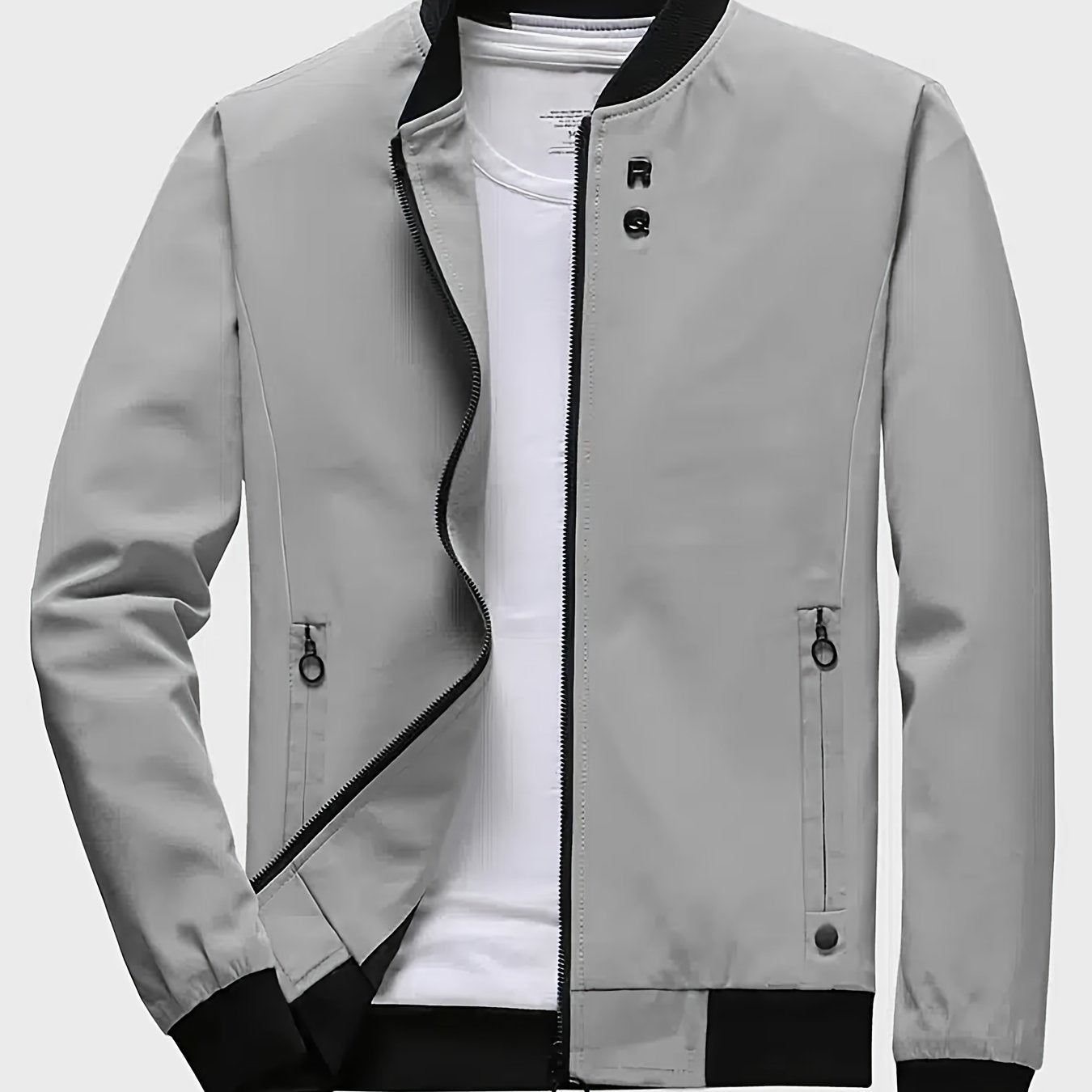 gbolsos  Classic Design Jacket, Men's Casual Zipper Pockets Crew Neck Zip Up Jacket For Spring Fall