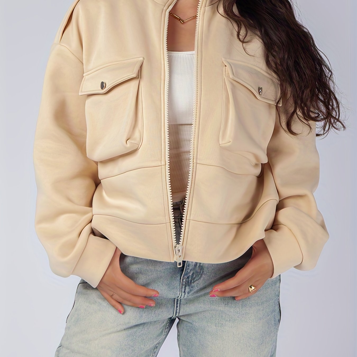 Plus Size Casual Jacket, Women's Plus Solid Zipper Long Sleeve Mock Neck Slight Stretch Jacket