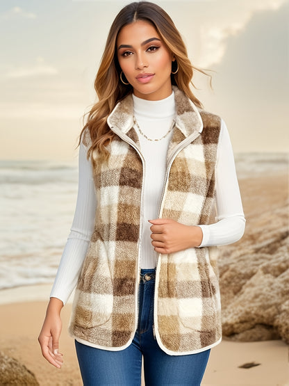 gbolsos  Plaid Pattern Zip Up Vest, Casual Sleeveless Versatile Vest, Women's Clothing