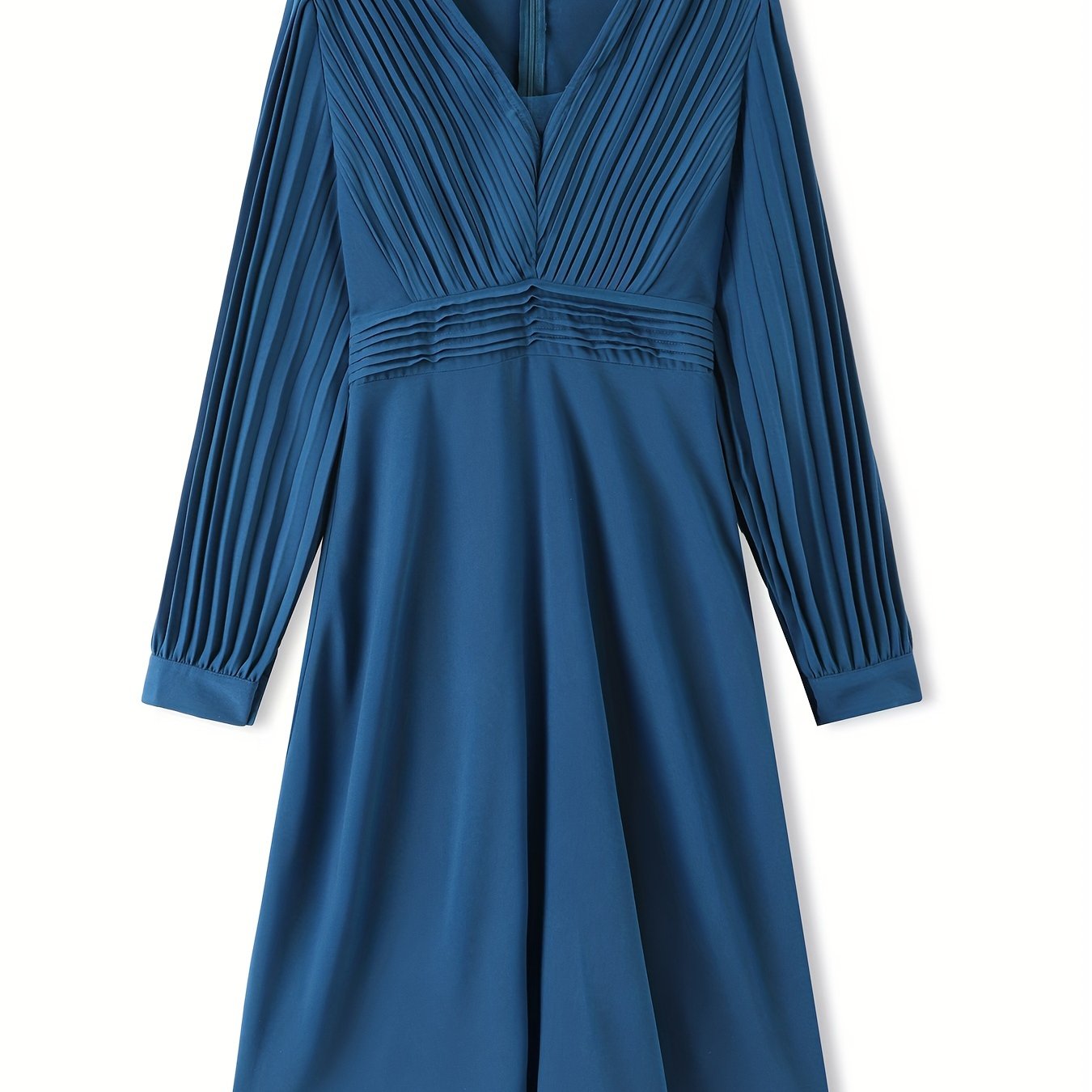 Tucked Solid Midi Dress, Elegant V Neck Long Sleeve Dress, Women's Clothing