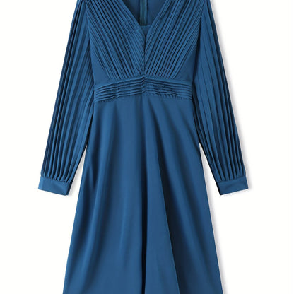 Tucked Solid Midi Dress, Elegant V Neck Long Sleeve Dress, Women's Clothing