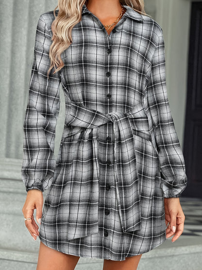 gbolsos  Preppy Stylish Plaid Belted Dress, Button Down Long Sleeve Dress, Casual Every Day Dress, Women's Clothing