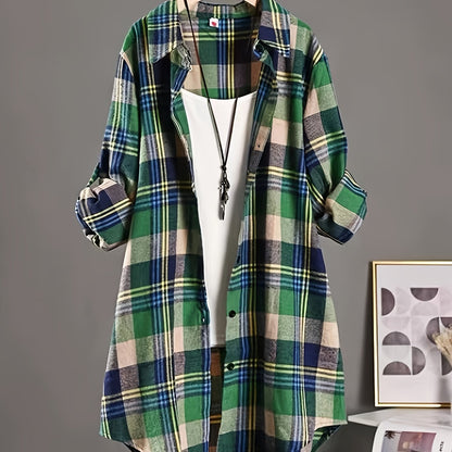gbolsos  Plaid Print Button Front Shirt, Thigh Length Long Sleeve Shirt For Spring & Fall, Women's Clothing