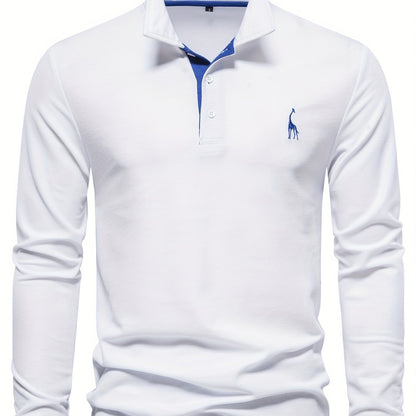 gbolsos  Men's Solid Giraffe Embroidery Long Sleeve Tennis Shirts, Slight Stretch All-match Fashion Men's Top
