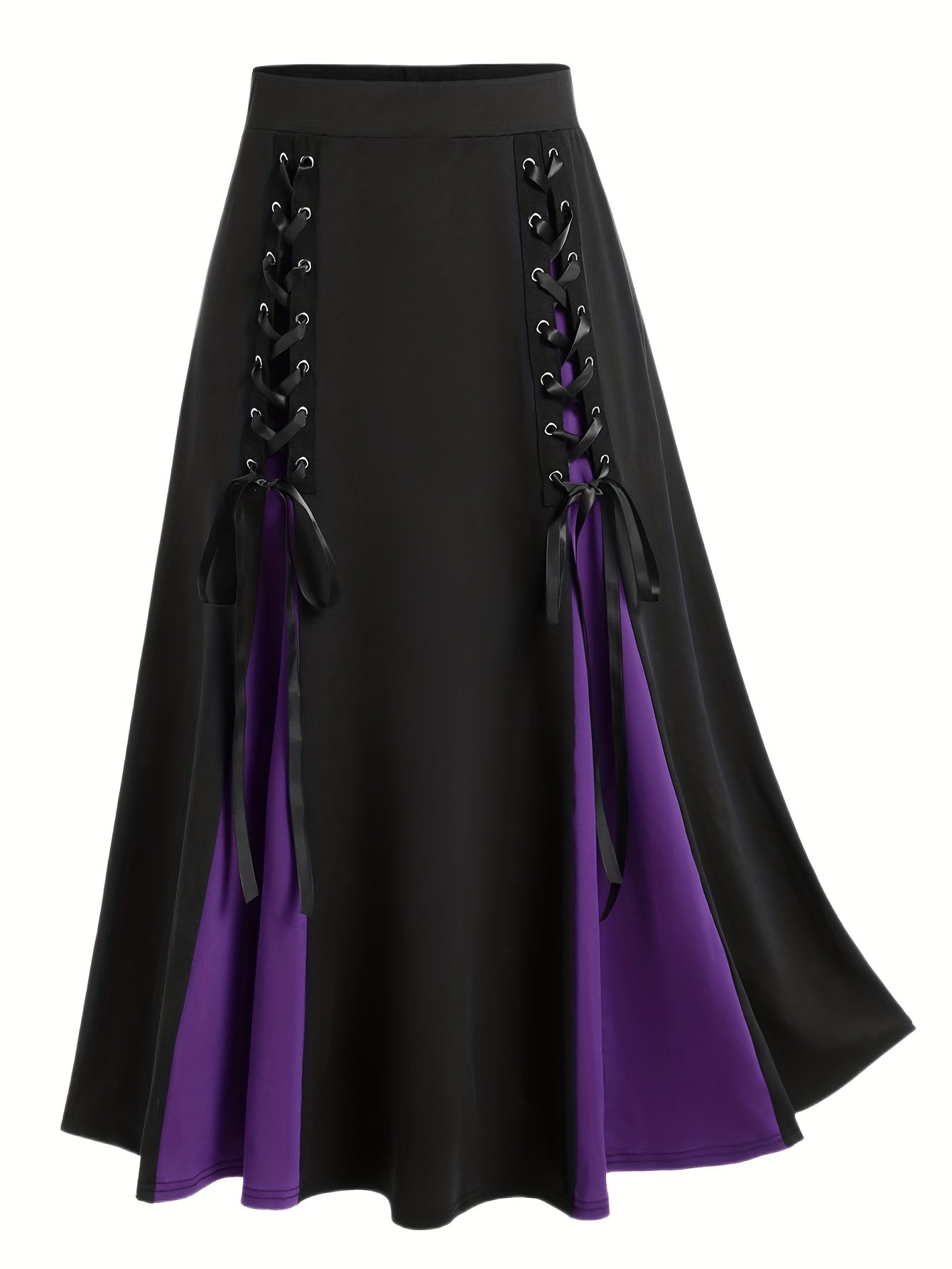 gbolsos  Plus Size Goth Skirt, Women's Plus Colorblock Grommet Lace Up Medium Stretch A-line Skirt