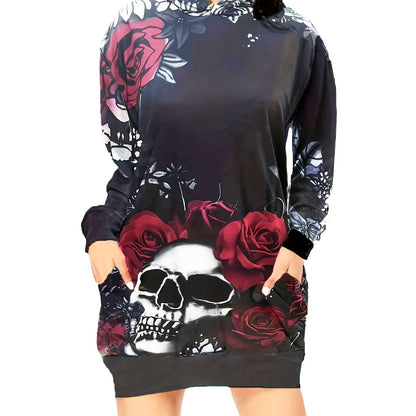 gbolsos  Skull & Flower Print Dress, Gothic Hooded Long Sleeve Mini Dress With Pockets, Women's Clothing